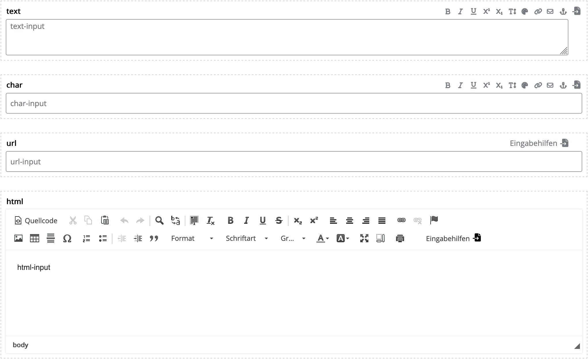 Einfache Inputs: Editor-Ansicht