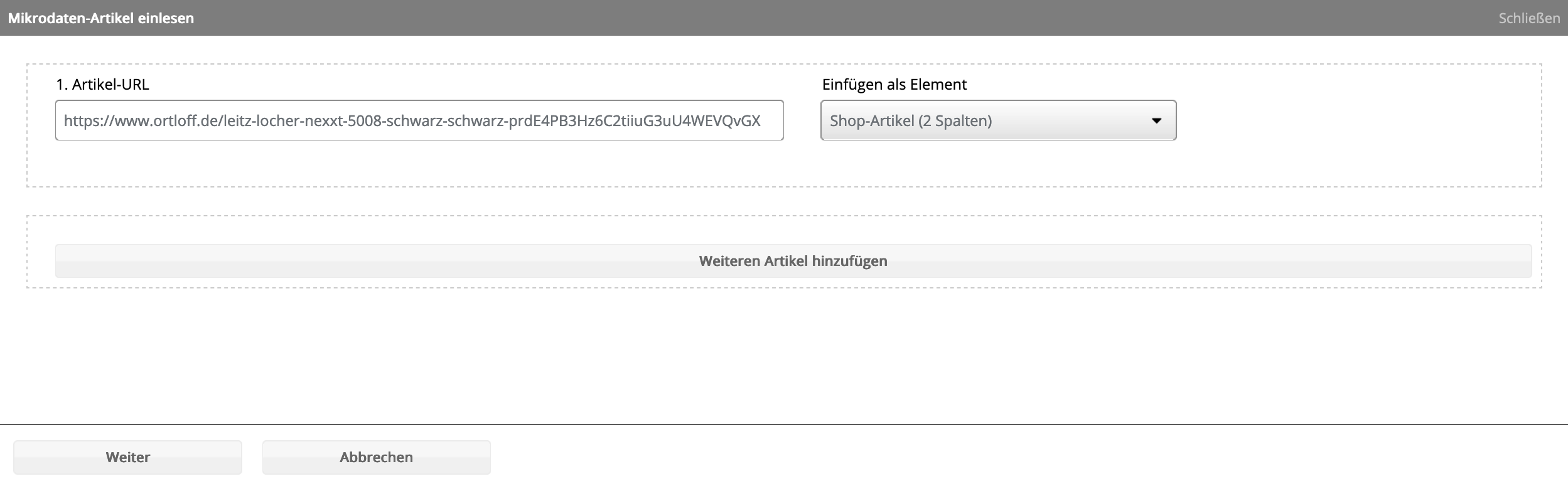 Editor-Ansicht des Microdata-Templates